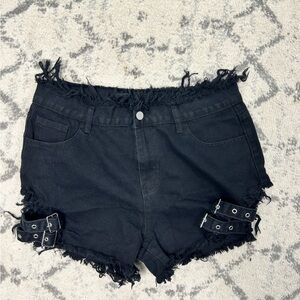 Women’s black denim buckle flame shorts size xl like new alternative festival